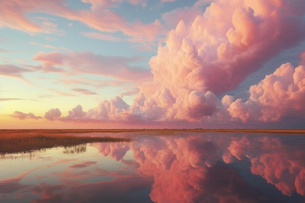 Um pôr-do-sol com nuvens e o reflexo do céu
