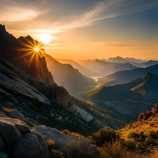 Um pôr do sol com o pôr do sol atrás das montanhas