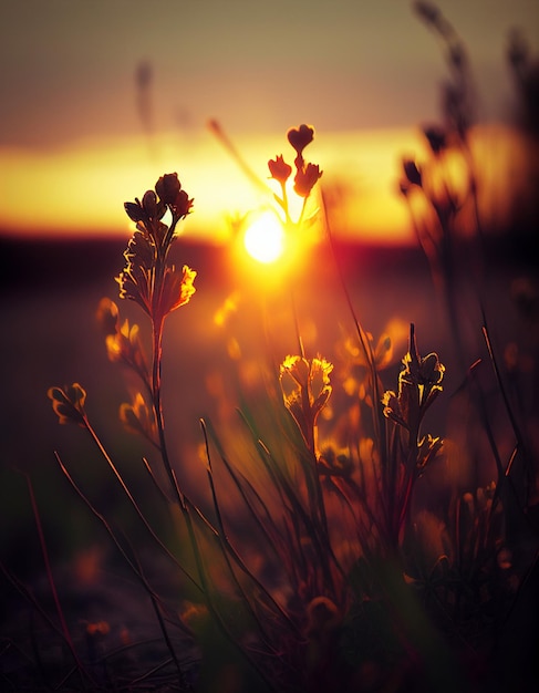 Um pôr do sol com o sol se pondo atrás das flores