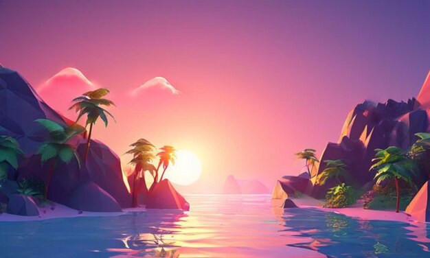um pôr-do-sol com palmeiras e rochas na água