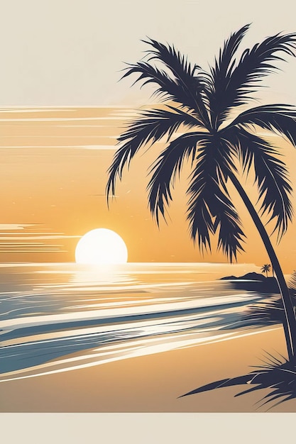 Um pôr do sol com palmeiras e um pôr do sol ao fundo.