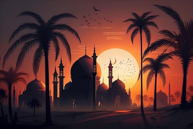 Foto um pôr do sol com palmeiras e uma mesquita em primeiro plano.