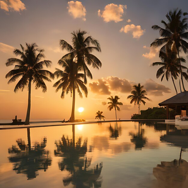 um pôr-do-sol com palmeiras e uma piscina com um edifício ao fundo