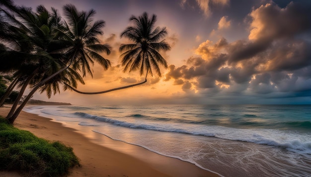 um pôr-do-sol com palmeiras e uma praia com uma praia ao fundo