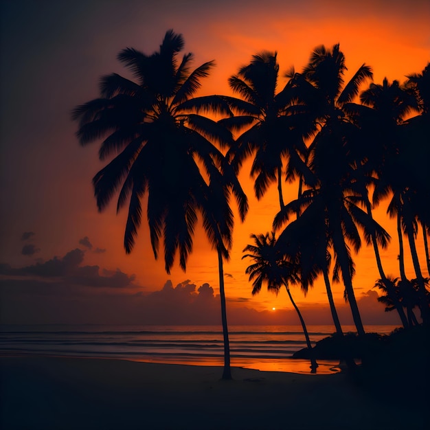 Um pôr do sol com palmeiras na praia
