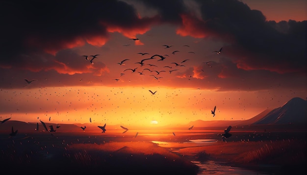 Um pôr do sol com pássaros voando no céu