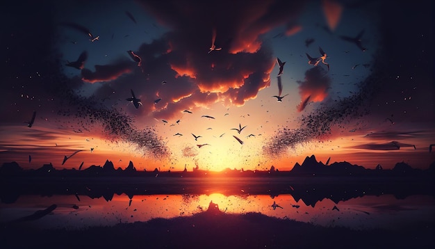Um pôr do sol com pássaros voando sobre a água