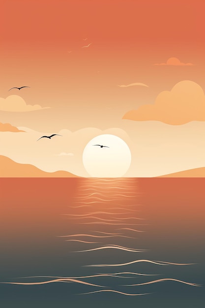 um pôr do sol com pássaros voando sobre o oceano.
