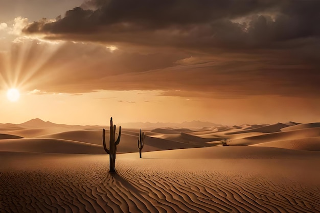 Foto um pôr-do-sol com um cacto no meio do deserto