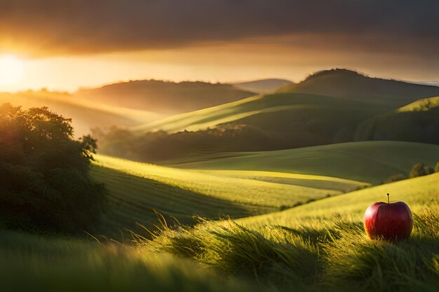 um pôr do sol com um campo de grama e um pôr do sol