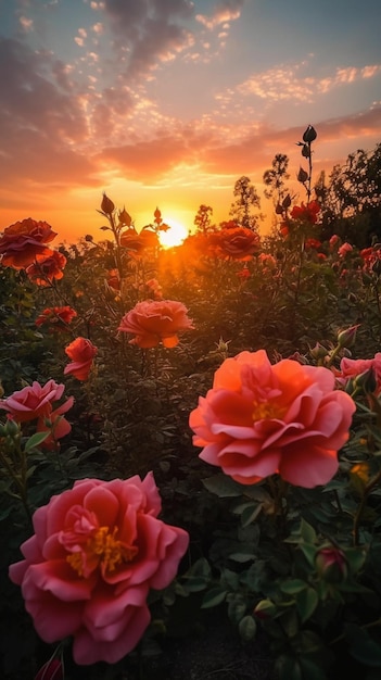 Um pôr do sol com um campo de rosas