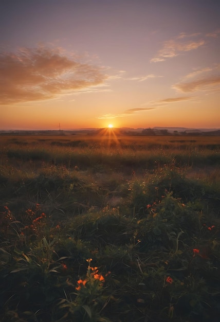 Um pôr-do-sol com um campo e um pôr- do-sol no fundo