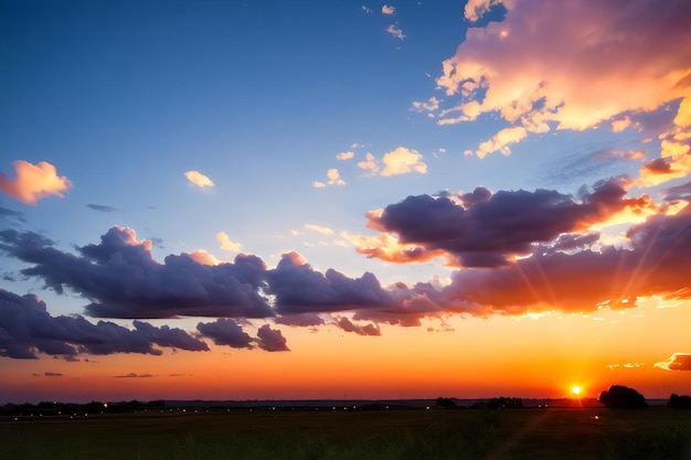 Um pôr do sol com um céu azul e nuvens