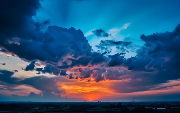 Um pôr do sol com um céu azul e nuvens