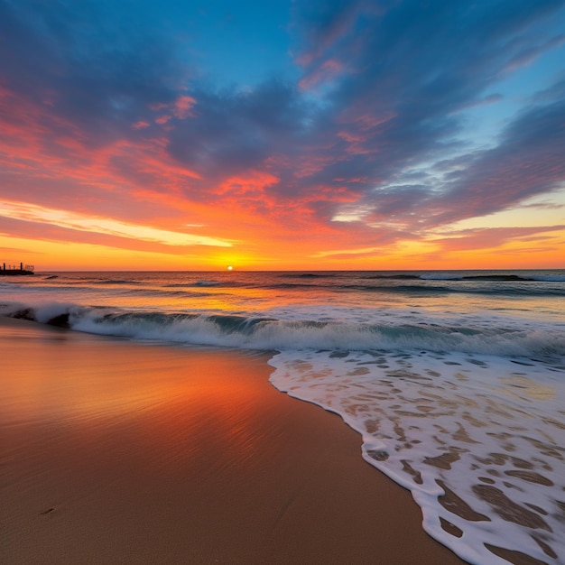 Um pôr do sol com um céu colorido e o oceano ao fundo