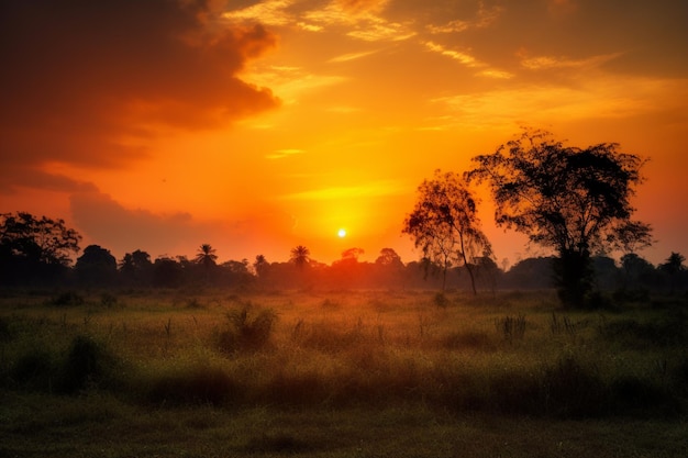 Um pôr do sol com um céu dourado e árvores em primeiro plano