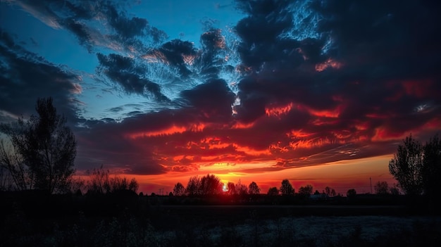 Um pôr-do-sol com um céu vermelho e nuvens