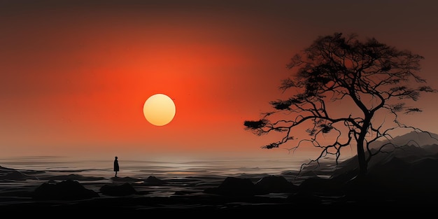um pôr do sol com um homem parado em frente a uma árvore e o sol atrás dele.
