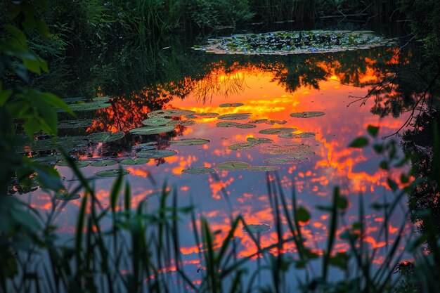 Foto um pôr-do-sol com um reflexo de uma árvore na água