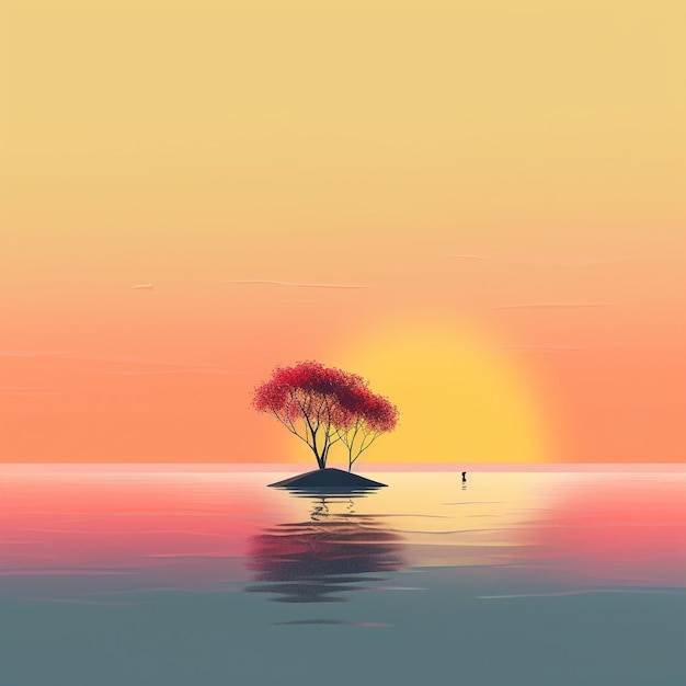Um pôr-do-sol com uma árvore na água e um barco na água.