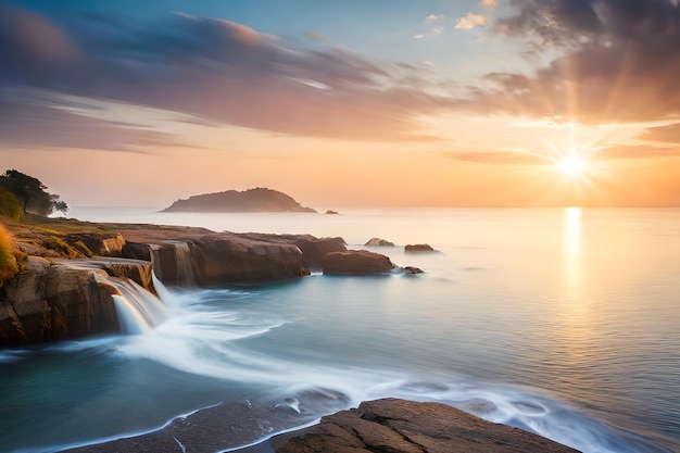 Um pôr do sol com uma cachoeira e um pôr do sol ao fundo