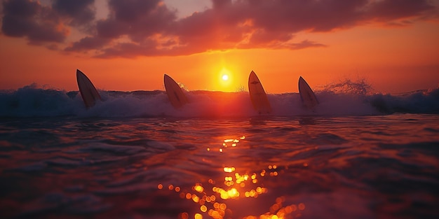 um pôr-do-sol com uma fileira de tábuas de surf na água