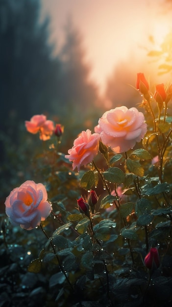 Um pôr do sol com uma flor rosa em primeiro plano