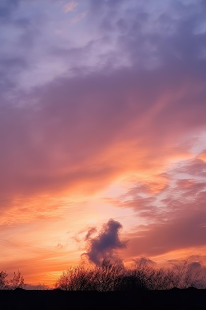 Um pôr do sol com uma grande nuvem no céu sobre um campo