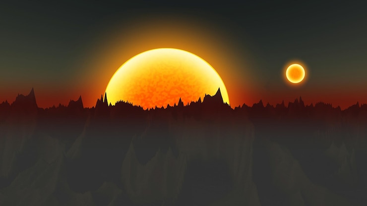 Foto um pôr-do-sol com uma lua amarela e árvores ao fundo