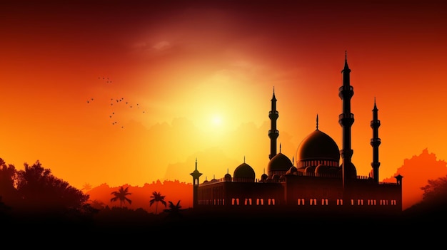 Um pôr do sol com uma mesquita em primeiro plano e um pássaro voando ao fundo.
