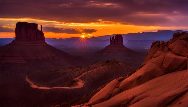 Foto um pôr do sol com uma montanha ao fundo e um pôr-do-sol vermelho ao fundo