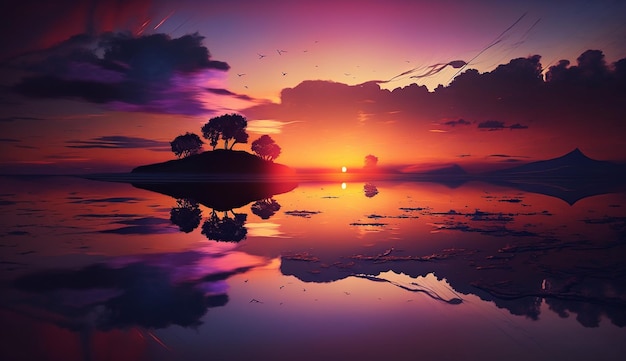 Um pôr do sol com uma pequena ilha no meio