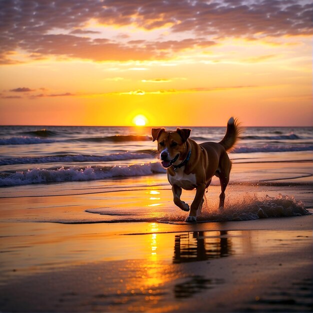 Um pôr-do-sol com uma praia e um cão a correr na praia.