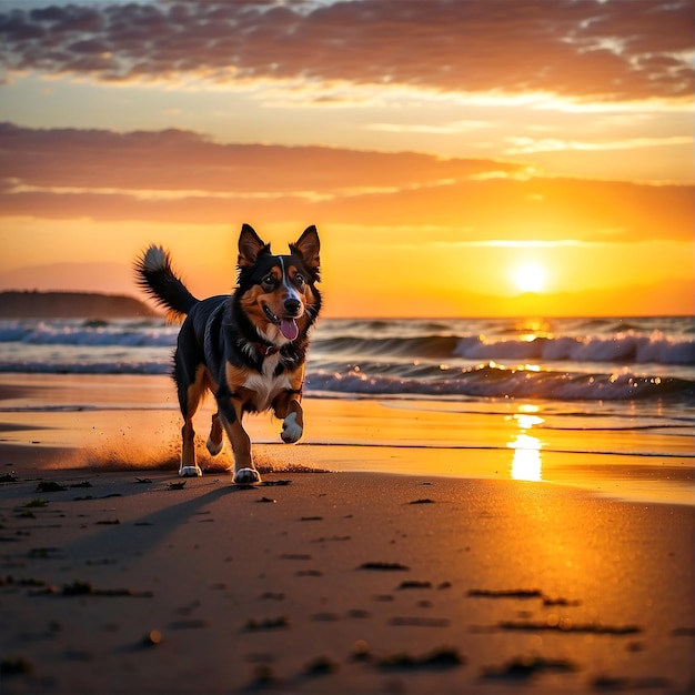 Um pôr-do-sol com uma praia e um cão a correr na praia.