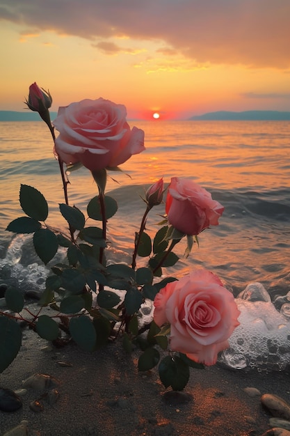 Um pôr do sol com uma rosa rosa em primeiro plano