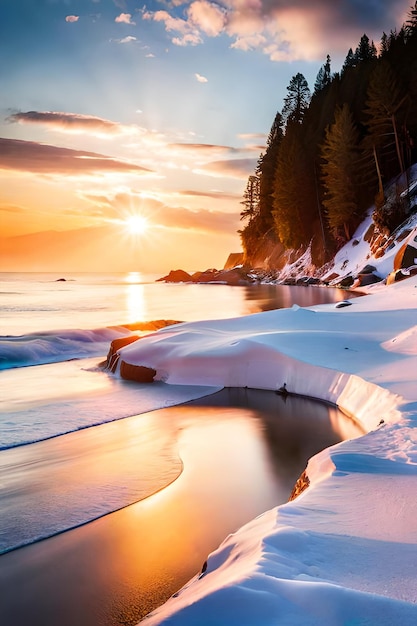 Um pôr do sol de inverno na praia com neve no chão e o sol brilhando na água.