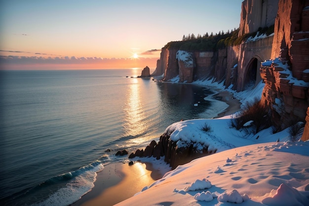 Um pôr do sol de inverno sobre o oceano com um penhasco rochoso em primeiro plano.