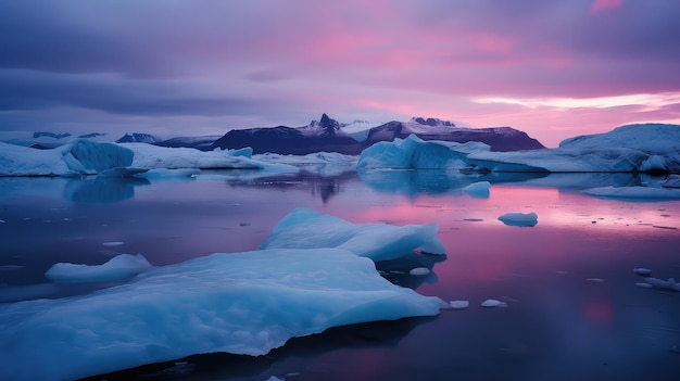 Um pôr do sol de tirar o fôlego sobre uma geleira com tons de azul e roxo