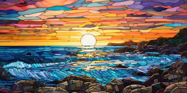 Um pôr-do-sol de vitrais sobre uma praia Abraçar a beleza de um pôr- do-sol vibrante Pintar o oceano