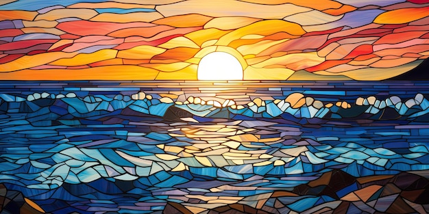 Um pôr-do-sol de vitrais sobre uma praia Abraçar a beleza de um pôr- do-sol vibrante Pintar o oceano