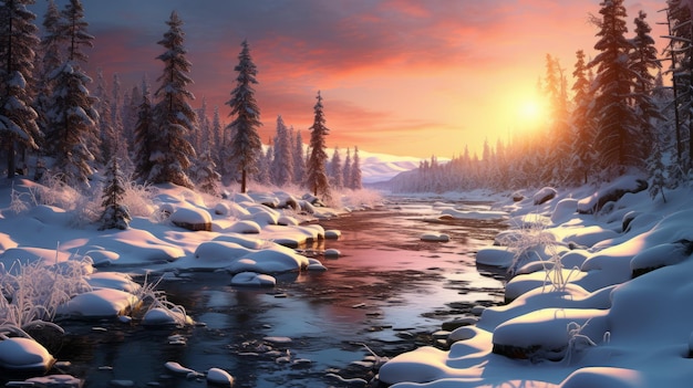 um pôr do sol deslumbrante em uma floresta, com árvores e um rio. esta cena de neve captura uma renderização realista e hiperdetalhada, com água hiper-realista. as cores vibrantes do vermelho e do azul criam um