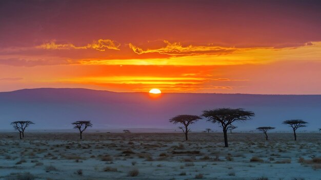 Um pôr-do-sol deslumbrante no céu colorido sobre um deserto em Tsavo, oeste do Quênia, Kilimanjaro.
