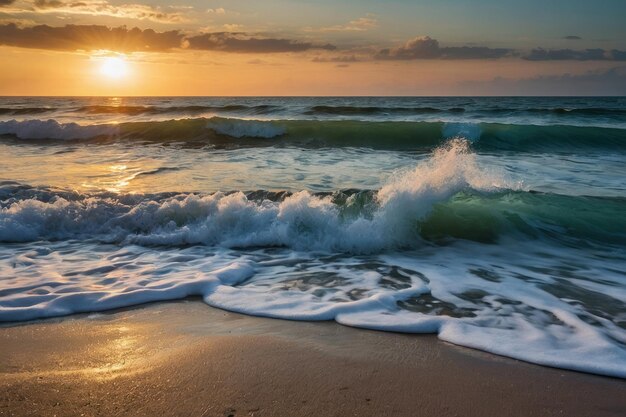 Um pôr-do-sol deslumbrante sobre o oceano com ondas