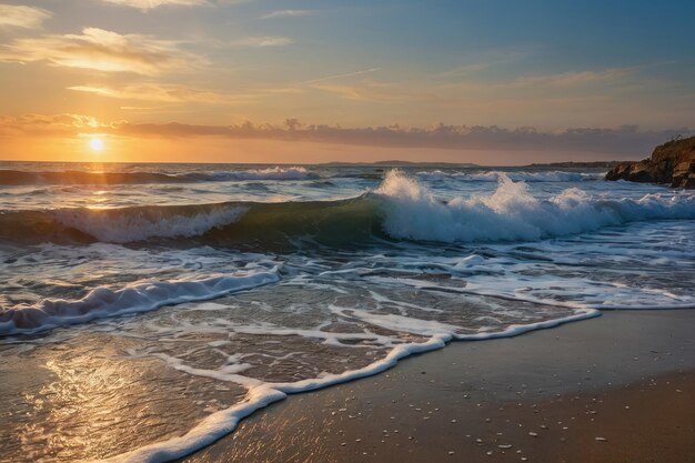 Um pôr-do-sol deslumbrante sobre o oceano com ondas