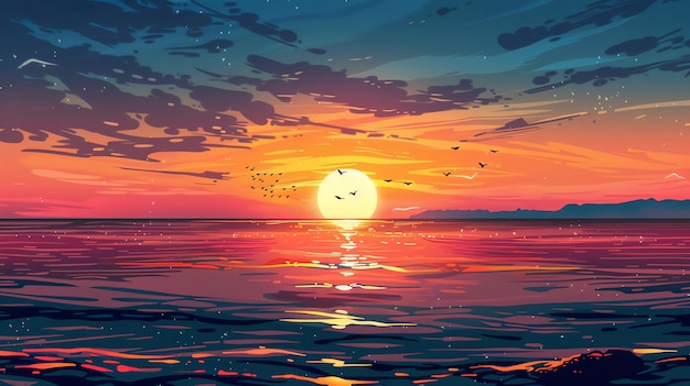 Um pôr-do-sol deslumbrante sobre o oceano com pássaros a voar no céu