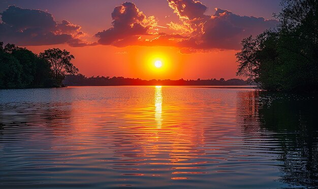 Um pôr-do-sol deslumbrante sobre um lago calmo