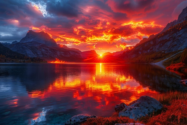 Um pôr-do-sol deslumbrante sobre um lago sereno de montanha com reflexos vívidos do céu e vistas panorâmicas da natureza