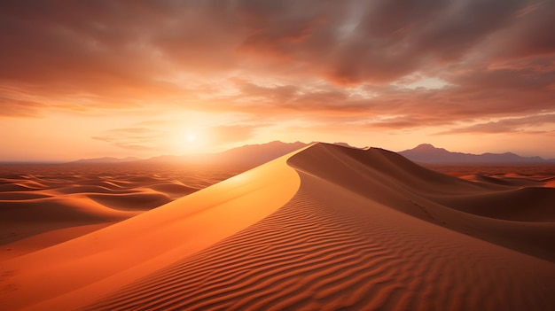 Um pôr do sol deslumbrante sobre uma majestosa duna de areia com um cenário montanhoso deslumbrante