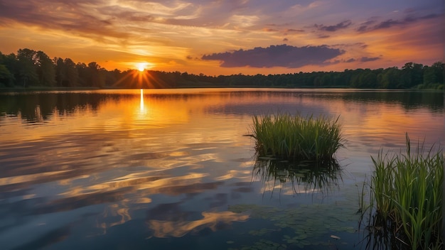 Um pôr-do-sol deslumbrante sobre uma paisagem tranquila de um lago