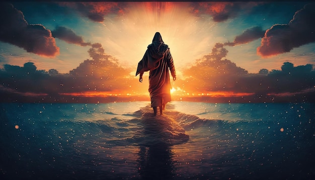 Um pôr do sol divino Jesus andando sobre as águas em um momento milagroso IA generativa